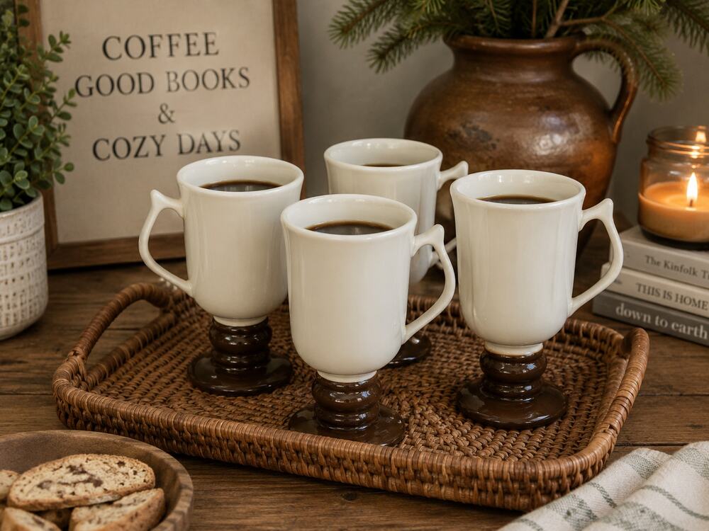 Vintage Hall Irish Coffee Pedestal Mugs Set of 4 White Brown